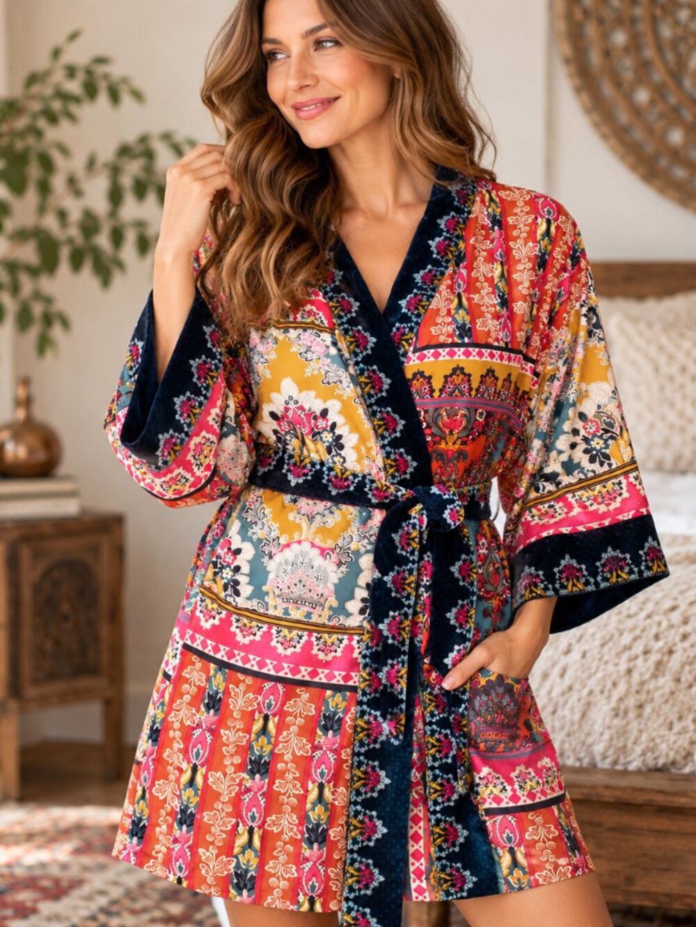 Urban Outfitters M/L Boho Paisley Velvet Trim Kimono Colorful Floral Lounge Robe